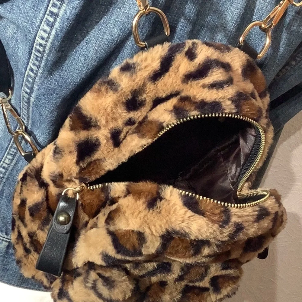 Faux Fur leopard animal print small backpack - fun playful - faux leather strap